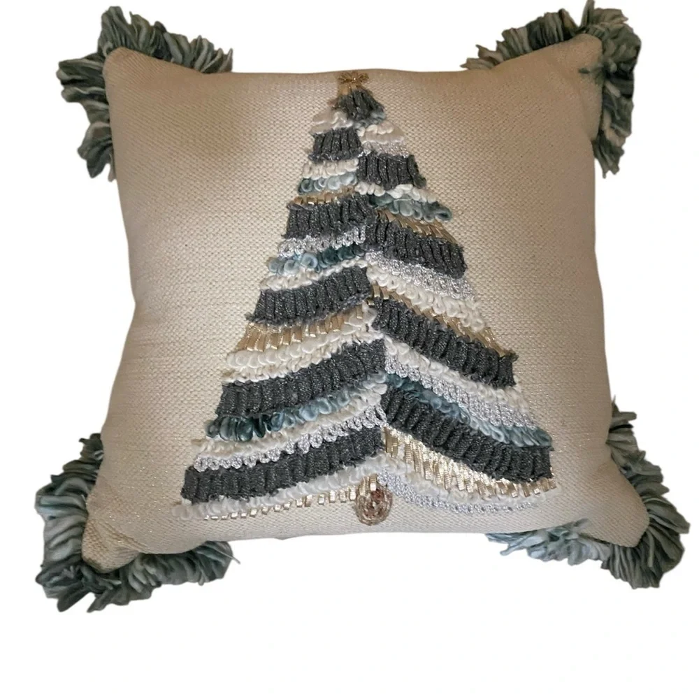 3D Yarn Knit Woven Tassel Christmas Tree Sage Green Decorative Pillow 18”x18”